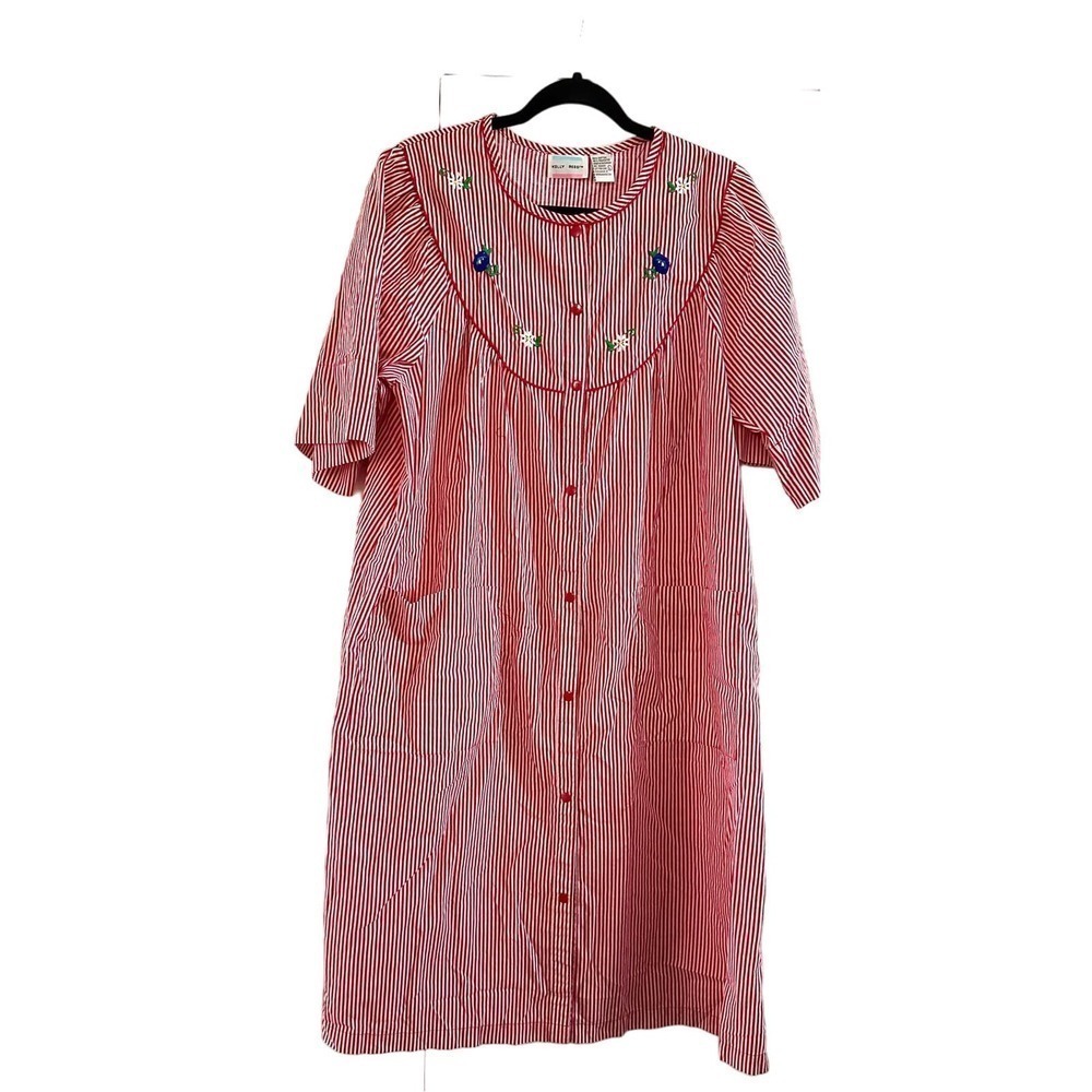 Vintage KELLY REED Red Striped Embroidered Snap-Button House Coat Dress Mumu L